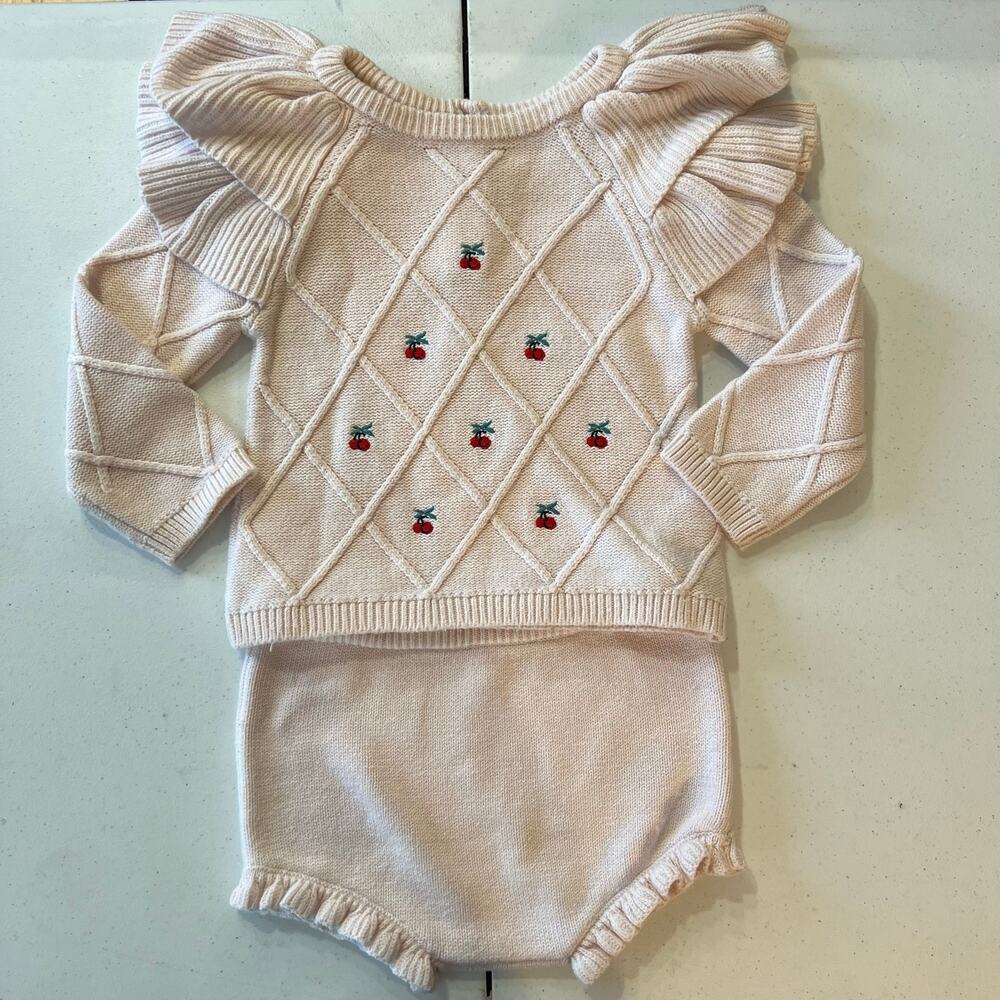 Janie and Jack Baby Girls Pink Knit Sweater Bloomer Set 18-24M Ruffle Shoulder